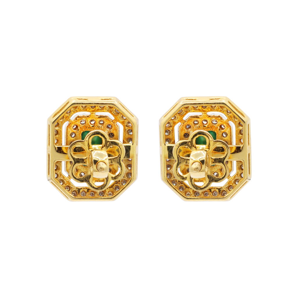 Natural Emerald & Diamond Designer Stud Earrings In 18k Yellow Gold