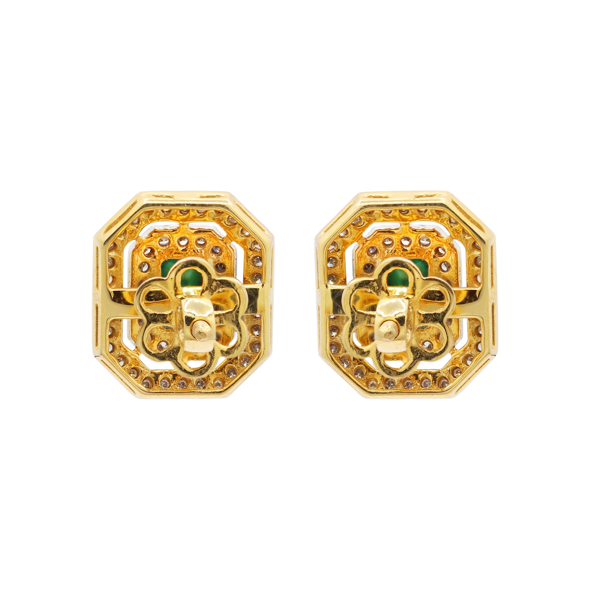 Natural Emerald & Diamond Designer Stud Earrings In 18k Yellow Gold