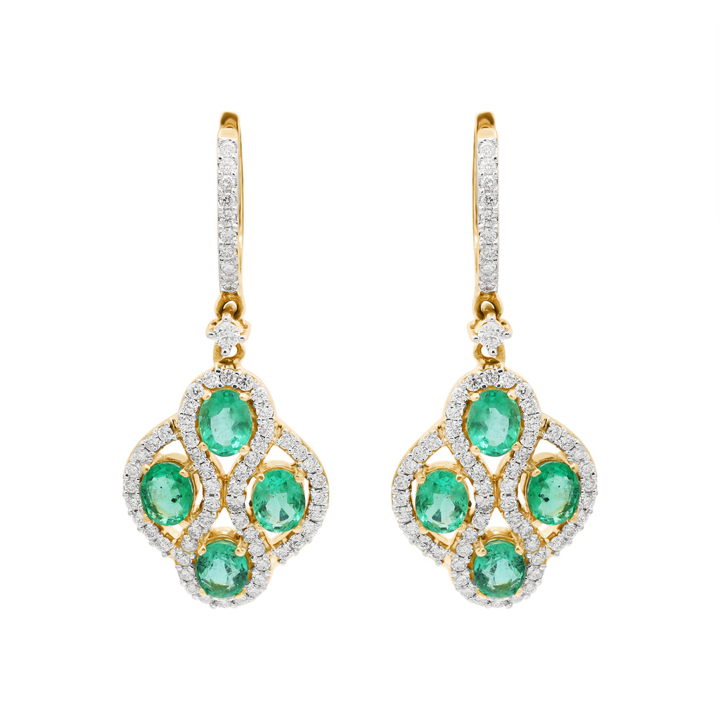 Natural Emerald With Diamond 18k Yellow Gold Designer Drop Earrings