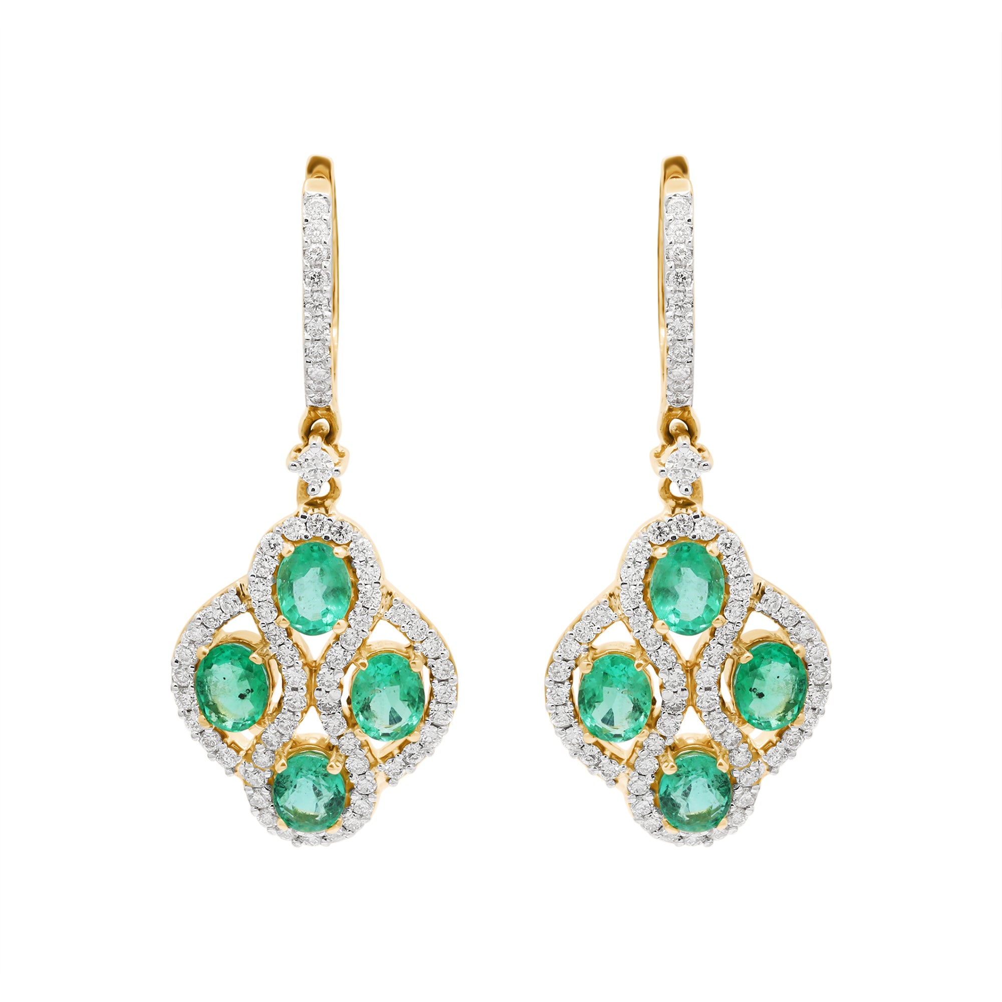 Natural Emerald With Diamond 18k Yellow Gold Designer Drop Earrings