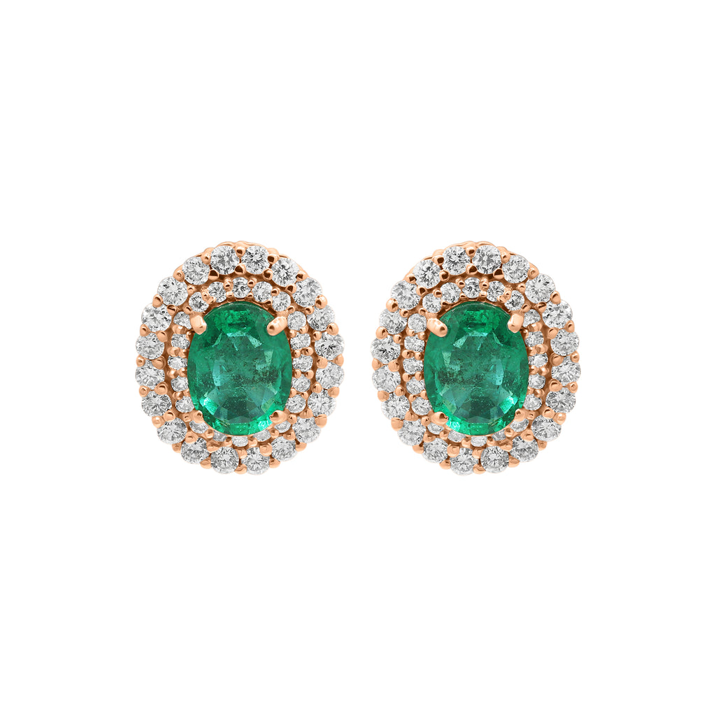 Natural Oval Emerald With Diamond Designer Stud Earrings In 18k White Gold