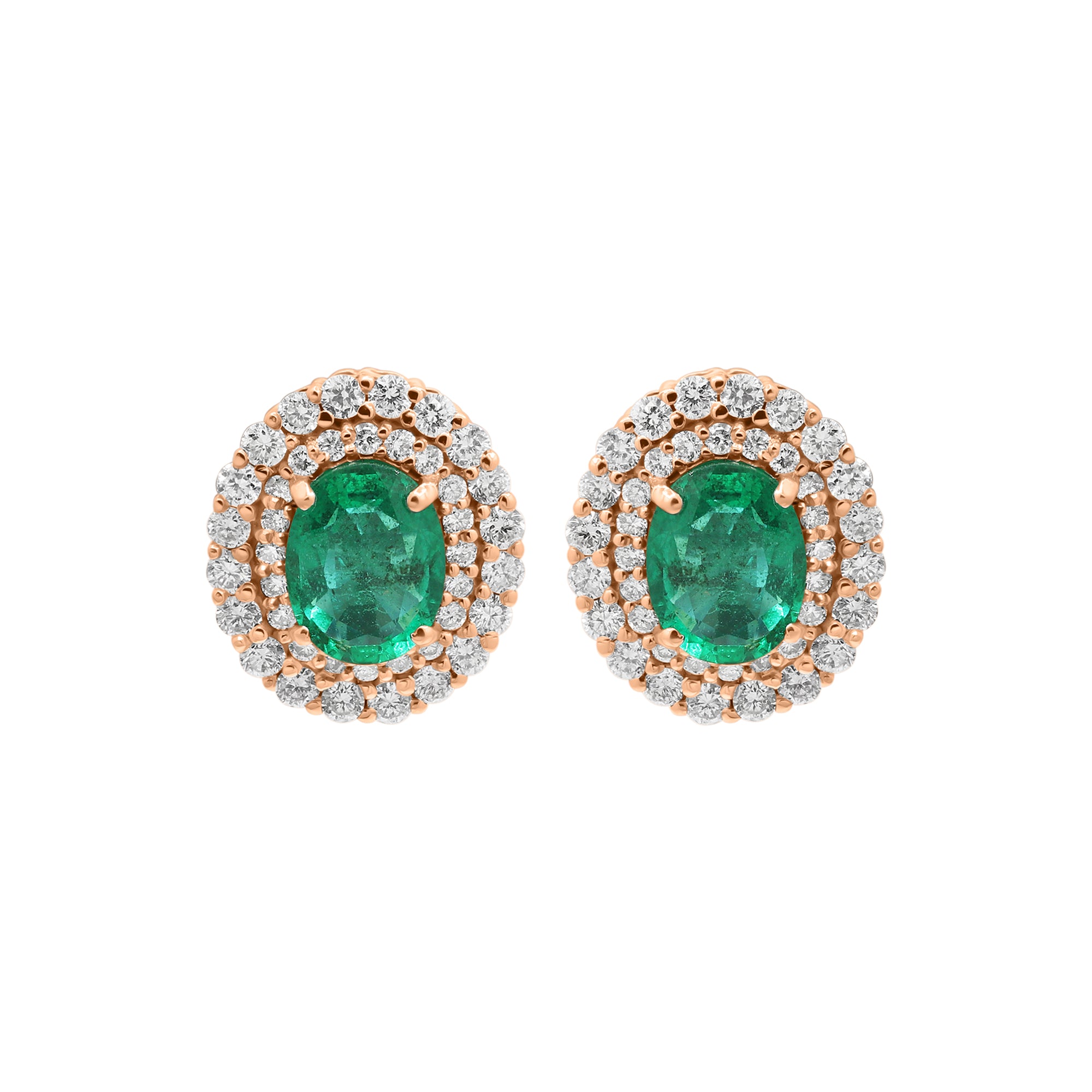 Natural Oval Emerald With Diamond Designer Stud Earrings In 18k White Gold