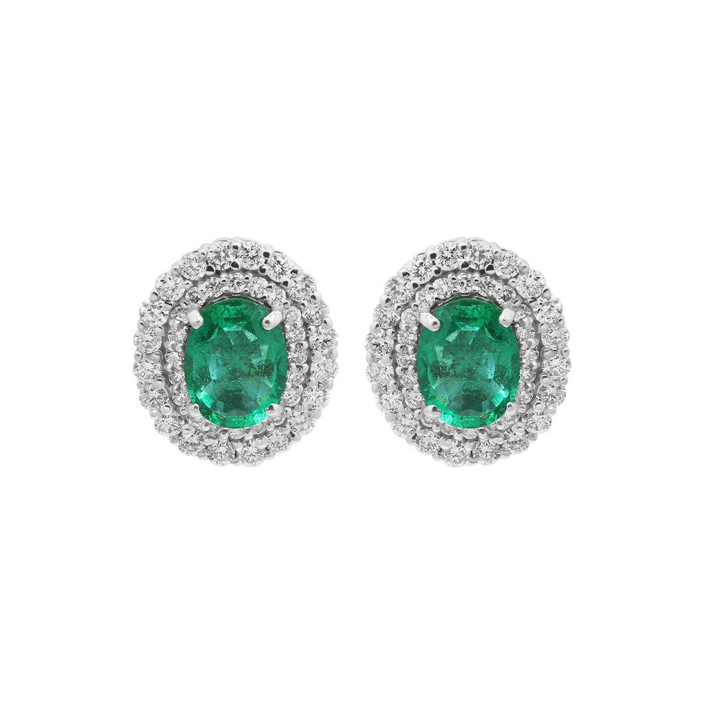 Natural Oval Emerald With Diamond Designer Stud Earrings In 18k White Gold