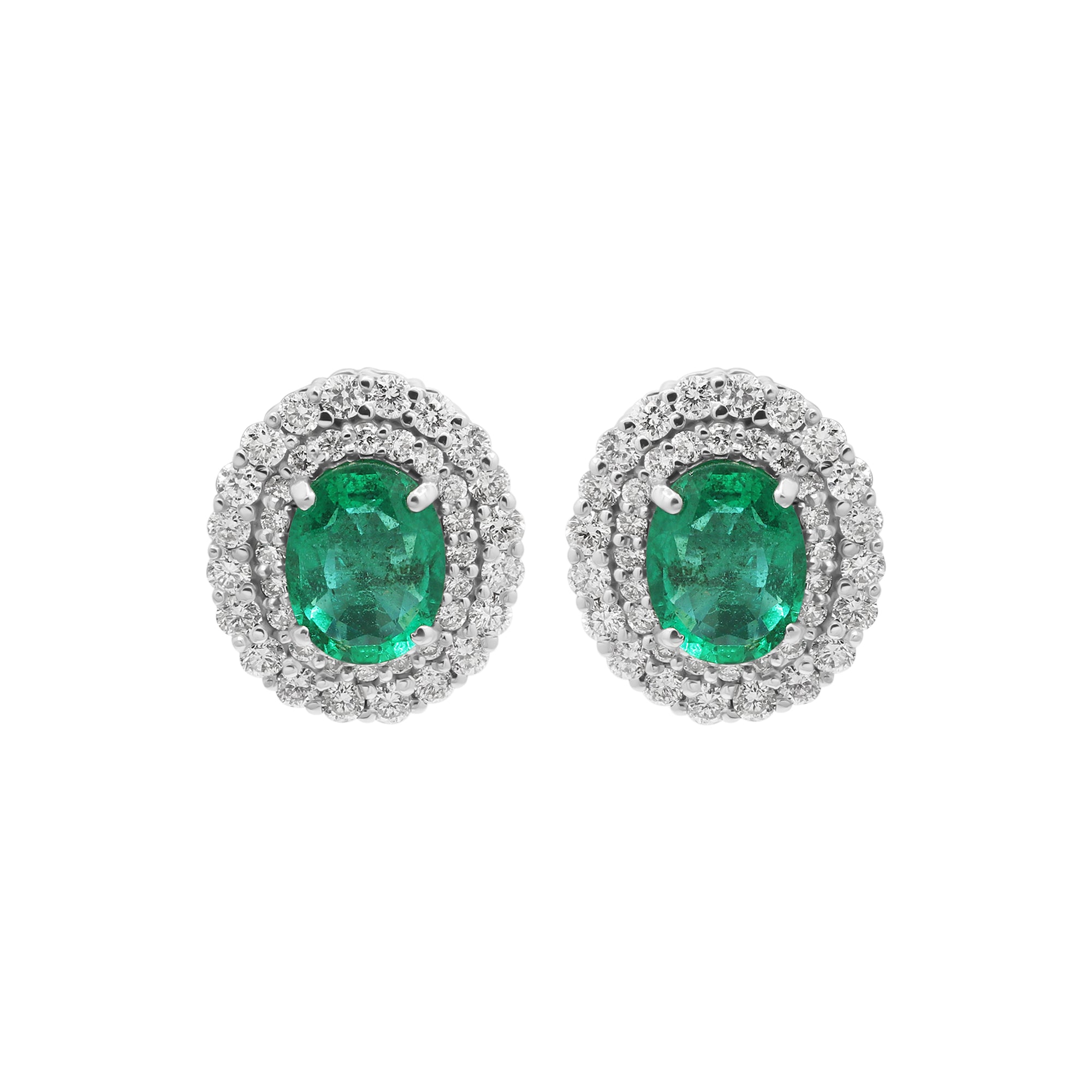 Natural Oval Emerald With Diamond Designer Stud Earrings In 18k White Gold