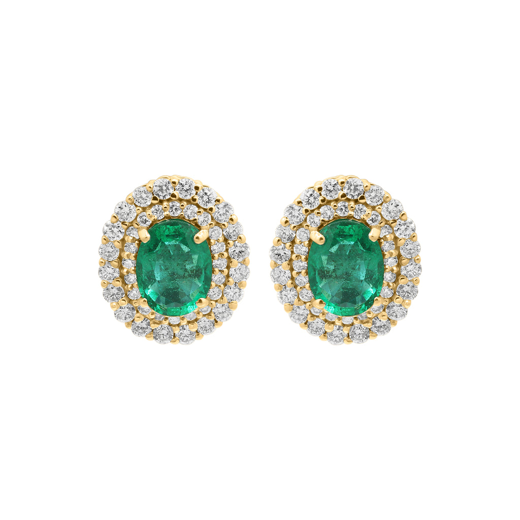 Natural Oval Emerald With Diamond Designer Stud Earrings In 18k White Gold