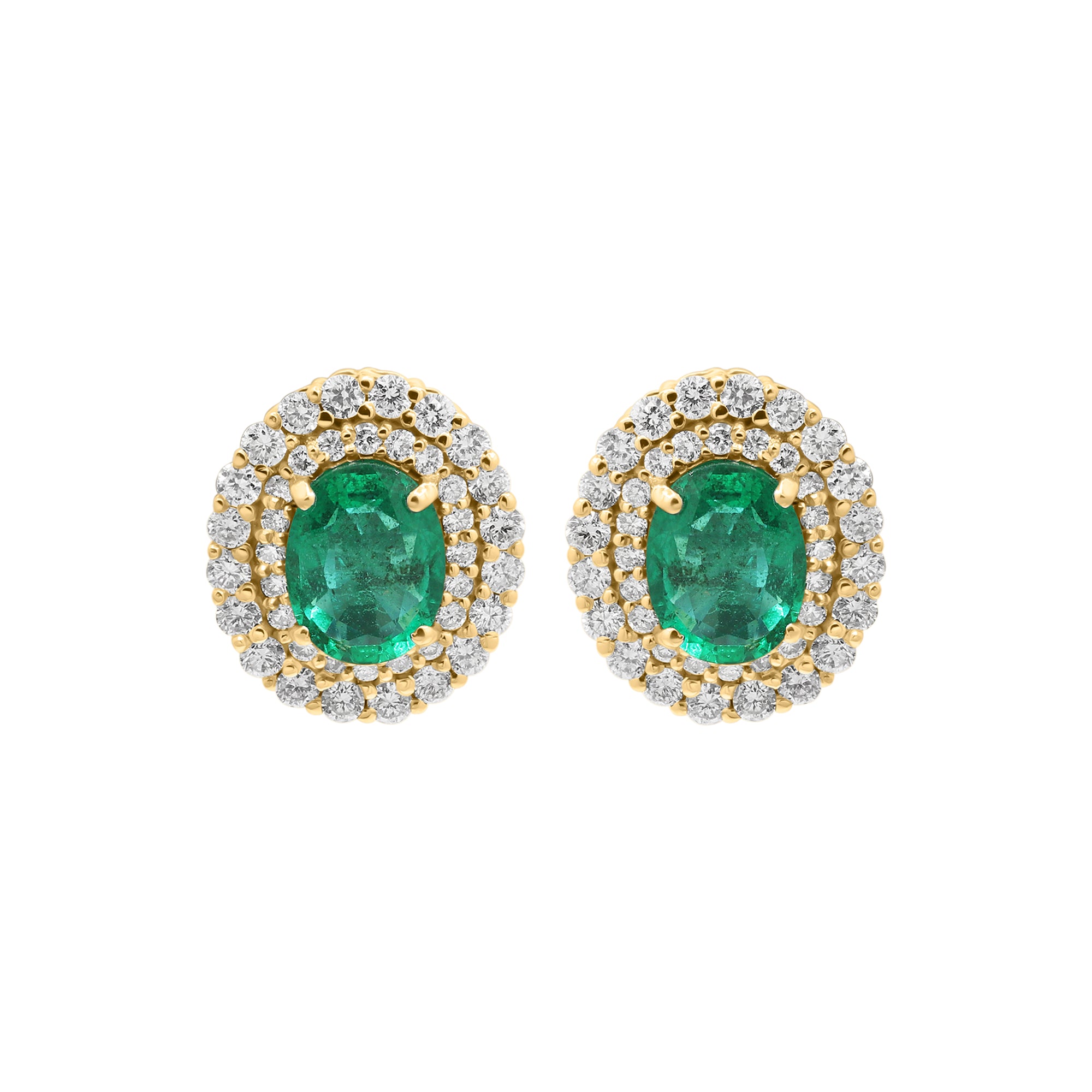 Natural Oval Emerald With Diamond Designer Stud Earrings In 18k White Gold