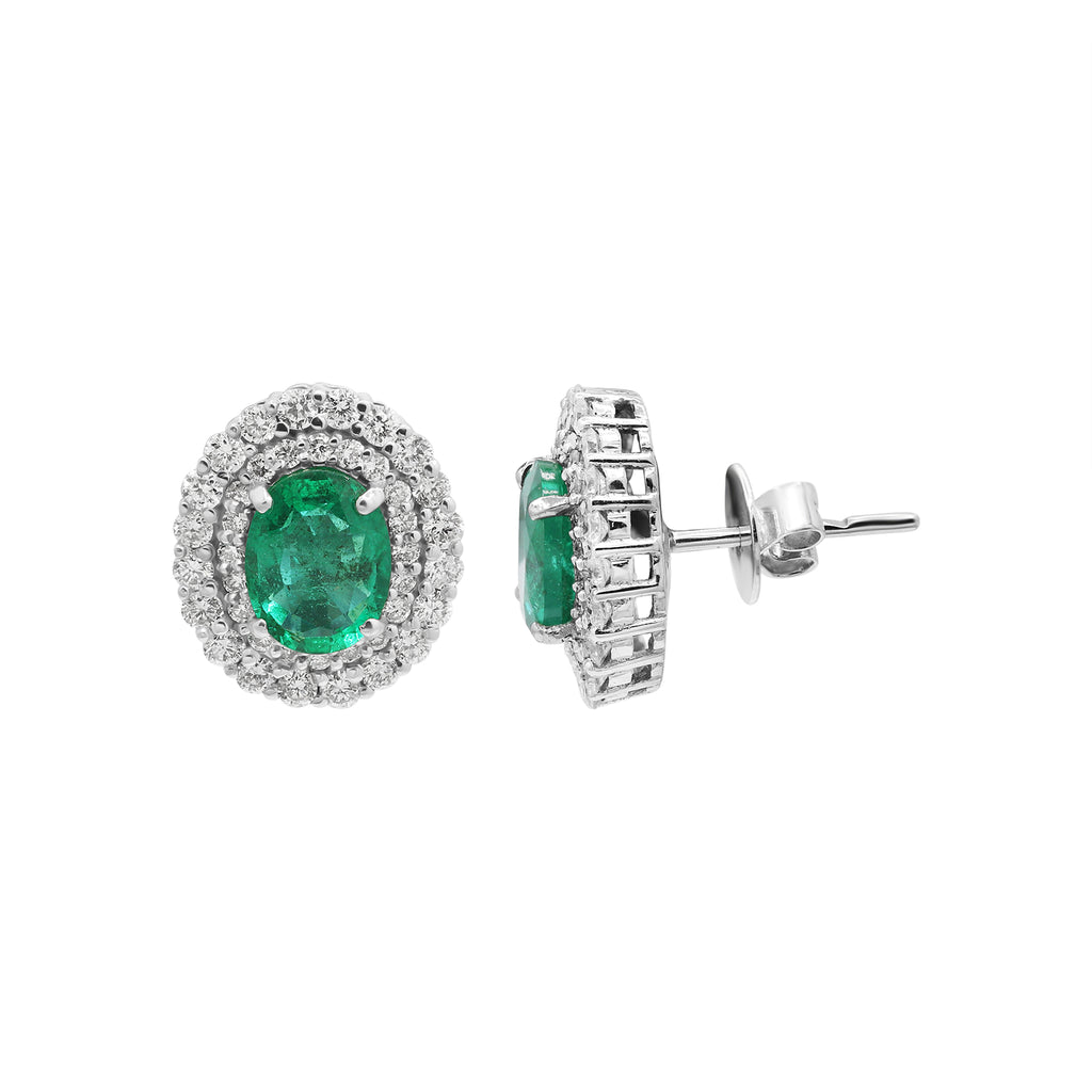 Natural Oval Emerald With Diamond Designer Stud Earrings In 18k White Gold
