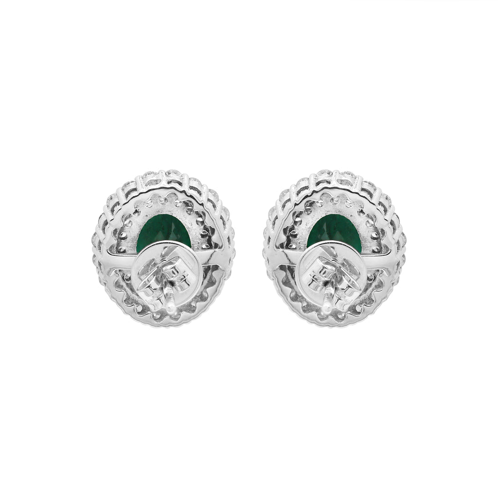Natural Oval Emerald With Diamond Designer Stud Earrings In 18k White Gold