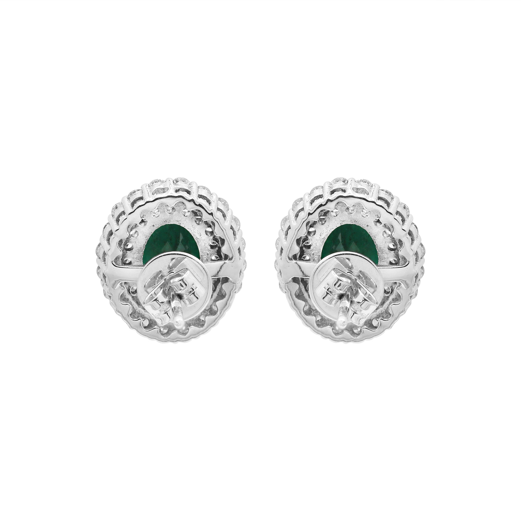 Natural Oval Emerald With Diamond Designer Stud Earrings In 18k White Gold