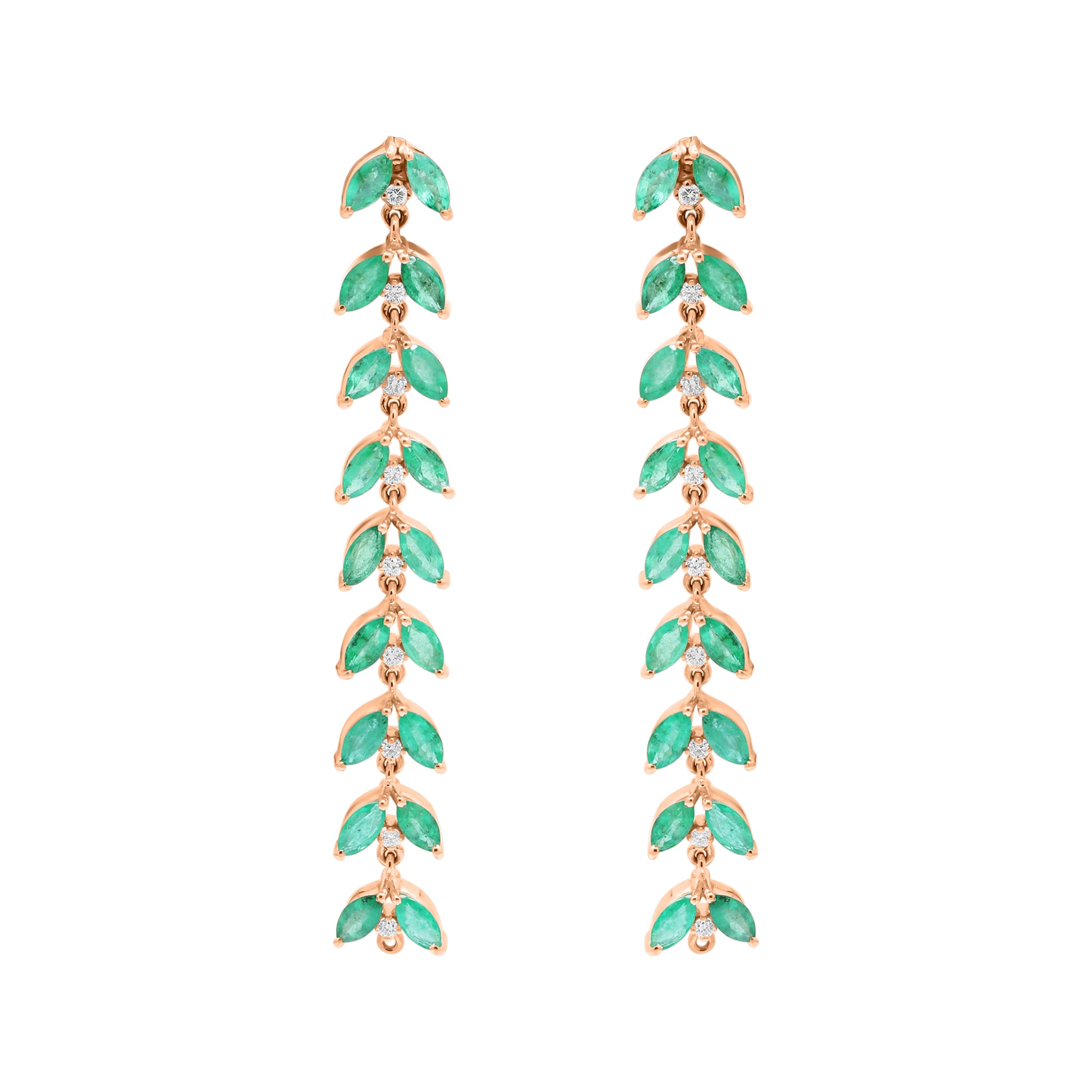 Leaf Shaped Natural Emerald With Diamond Drop Earrings In 18k White Gold
