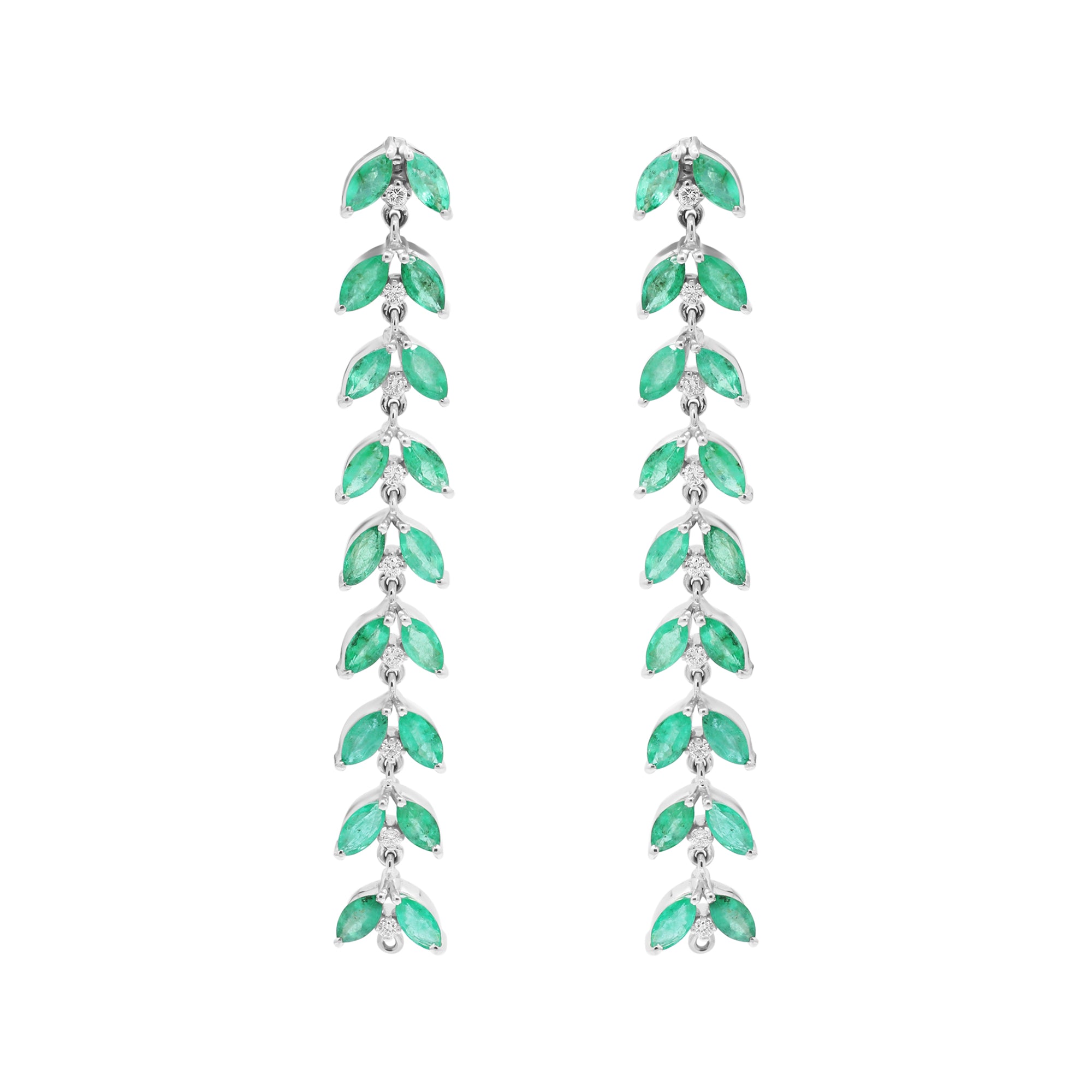 Leaf Shaped Natural Emerald With Diamond Drop Earrings In 18k White Gold