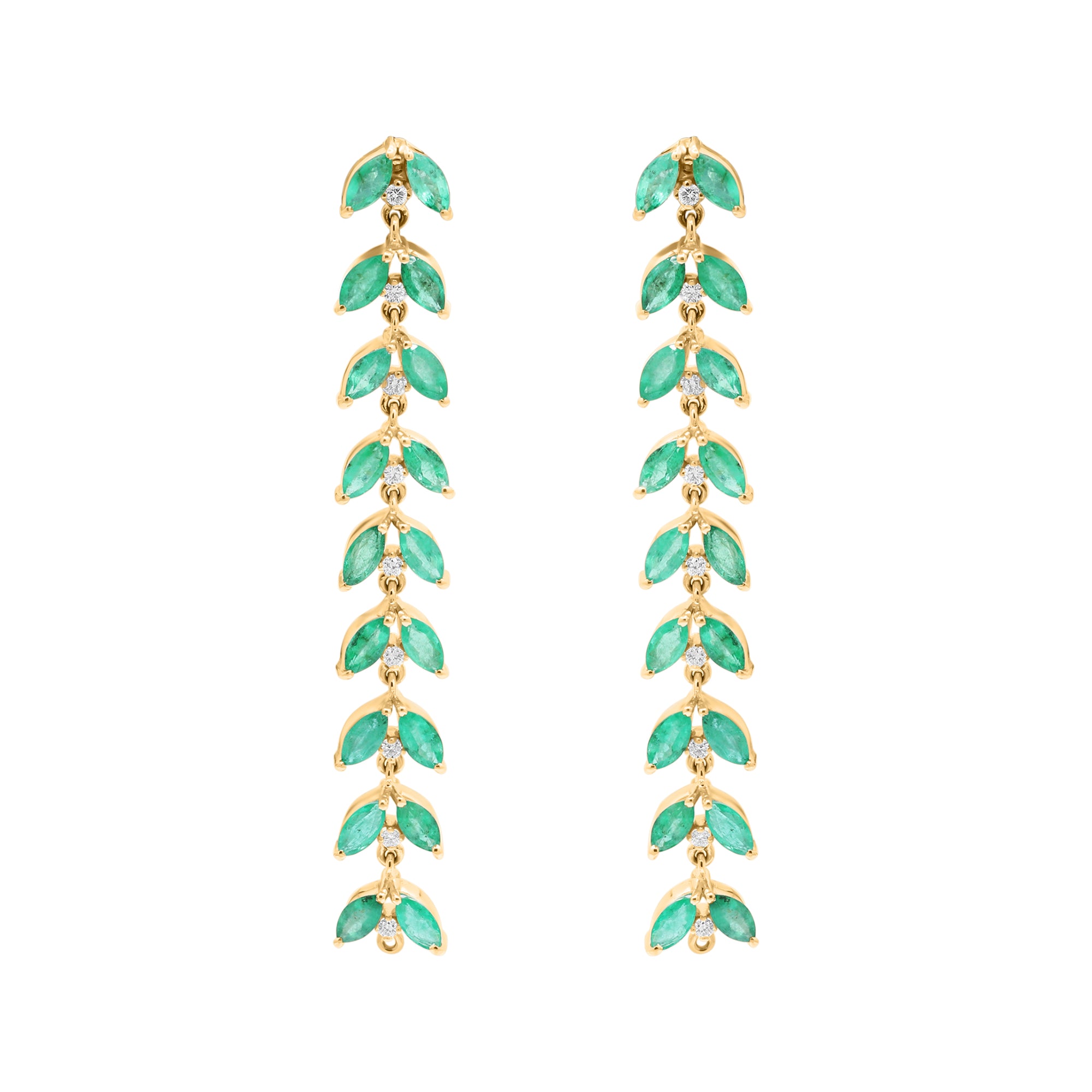 Leaf Shaped Natural Emerald With Diamond Drop Earrings In 18k White Gold