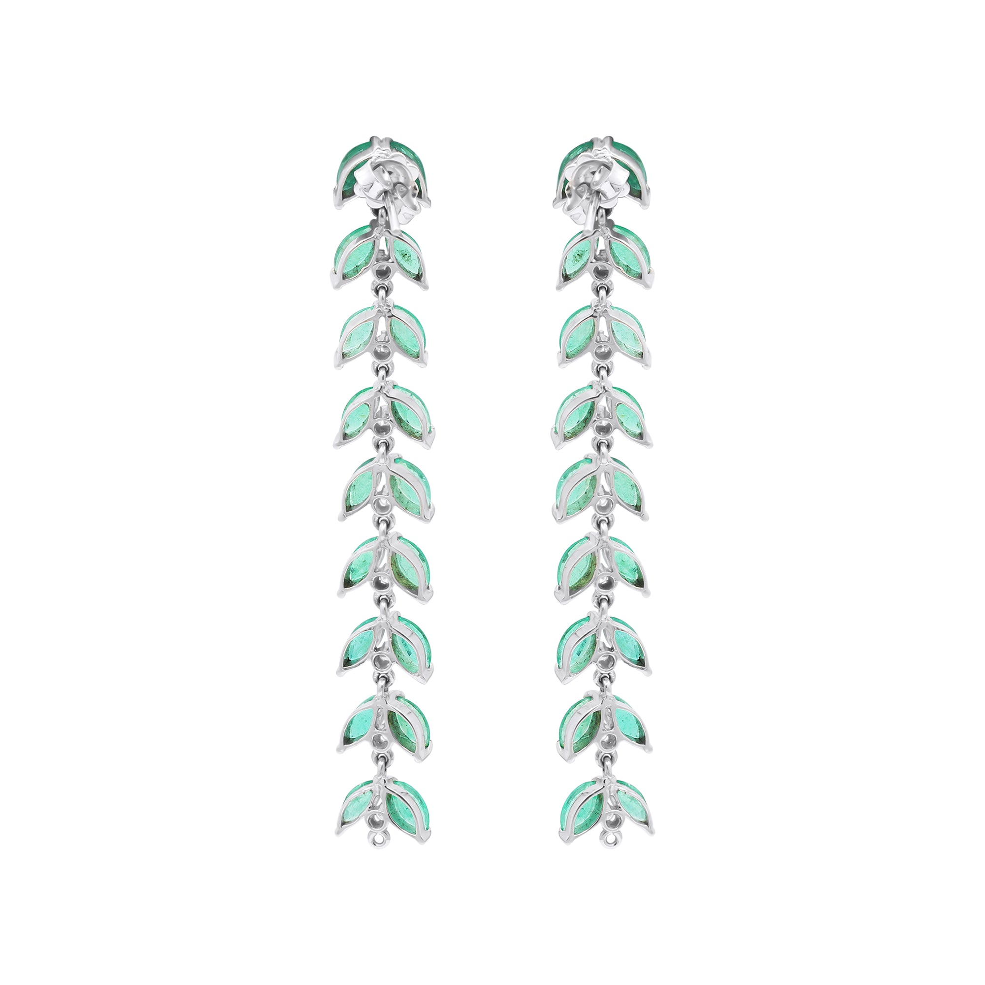 Leaf Shaped Natural Emerald With Diamond Drop Earrings In 18k White Gold