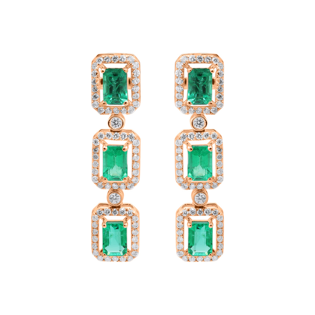 Natural Emerald With Diamond Handmade Designer Drop Earrings In 18k White Gold