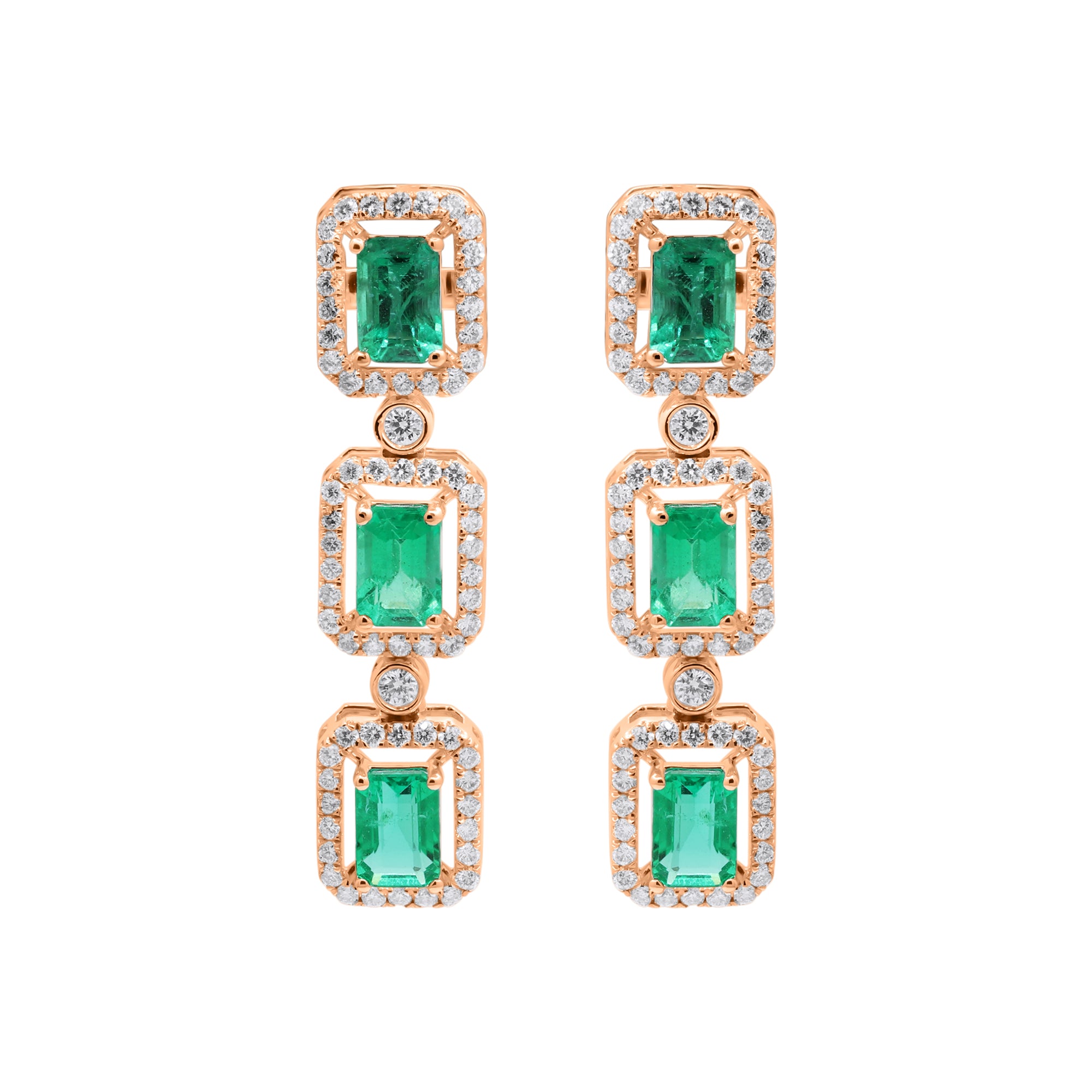 Natural Emerald With Diamond Handmade Designer Drop Earrings In 18k White Gold