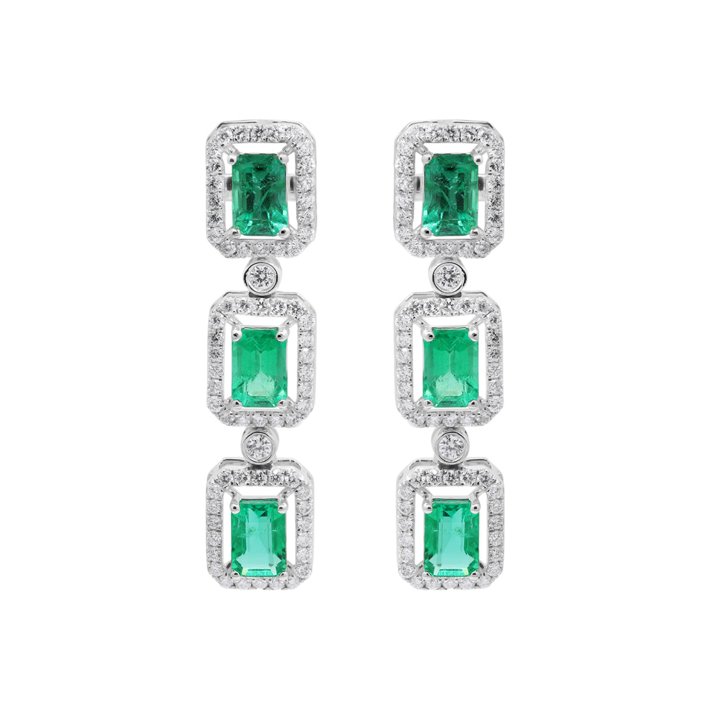 Natural Emerald With Diamond Handmade Designer Drop Earrings In 18k White Gold
