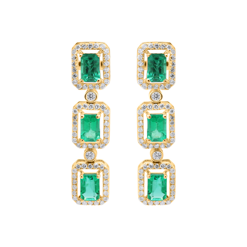 Natural Emerald With Diamond Handmade Designer Drop Earrings In 18k White Gold