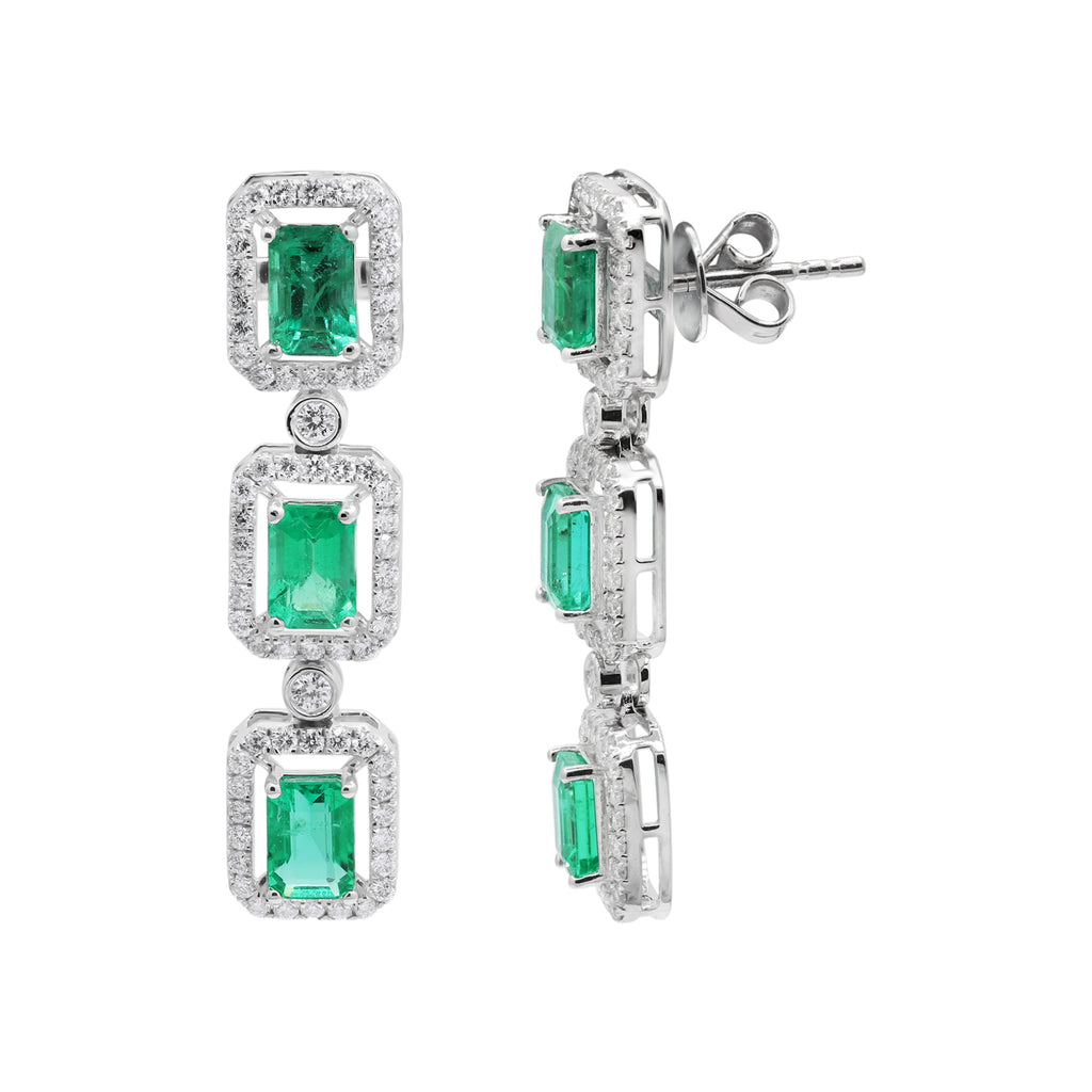 Natural Emerald With Diamond Handmade Designer Drop Earrings In 18k White Gold