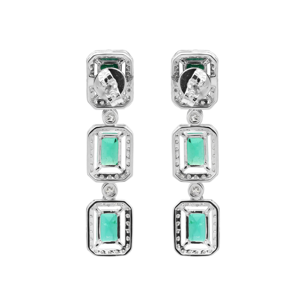 Natural Emerald With Diamond Handmade Designer Drop Earrings In 18k White Gold