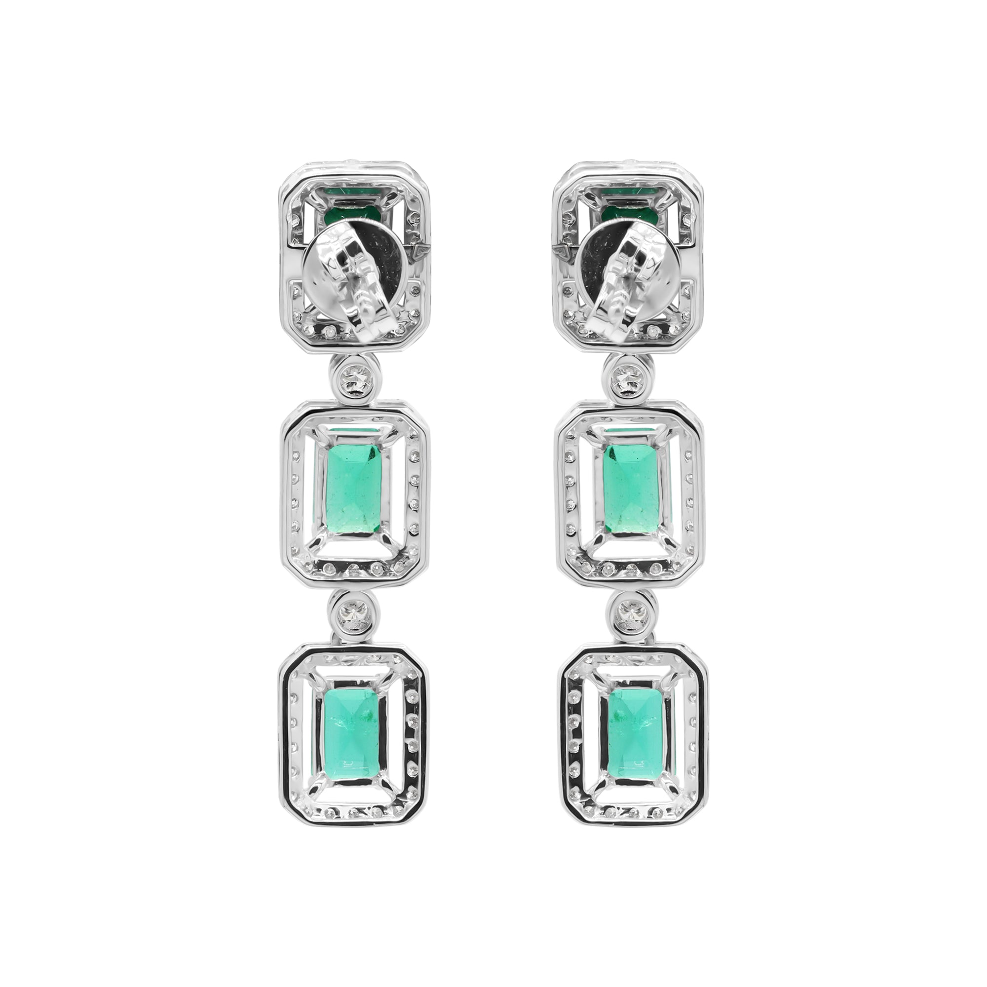 Natural Emerald With Diamond Handmade Designer Drop Earrings In 18k White Gold