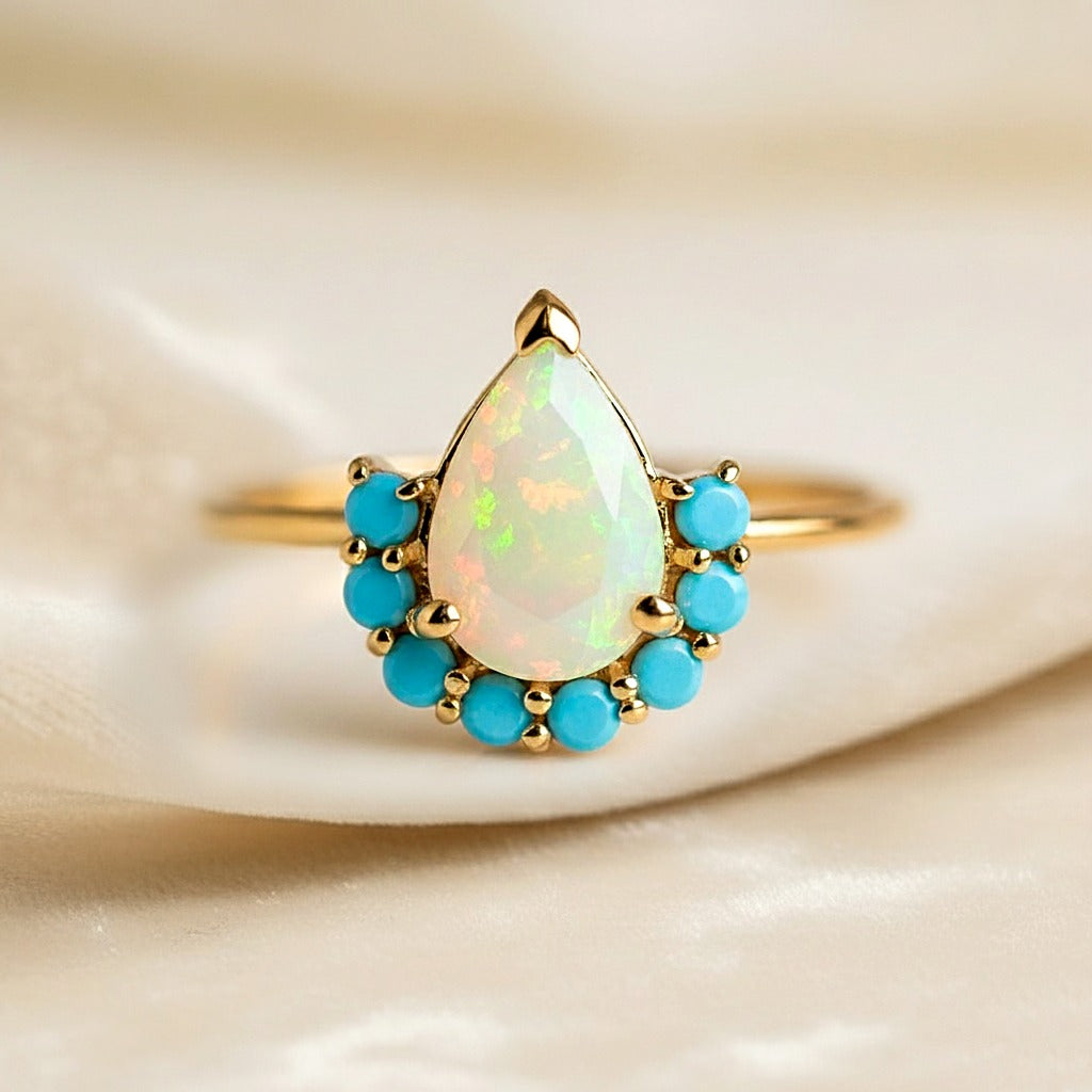 Natural Fire Opal & Turquoise Ring | Handmade Jewelry | October Birthstone | Gift for Her.