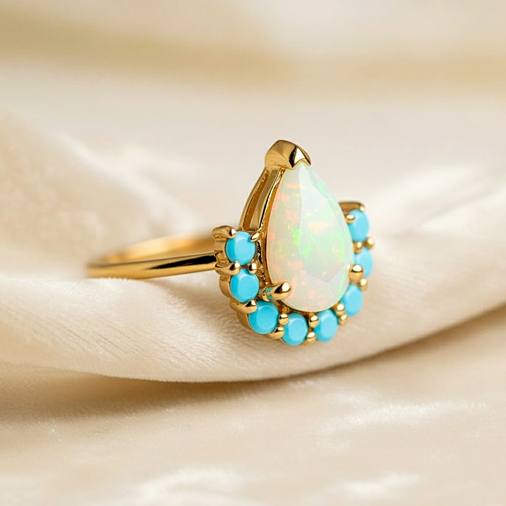 Natural Fire Opal & Turquoise Ring | Handmade Jewelry | October Birthstone | Gift for Her.