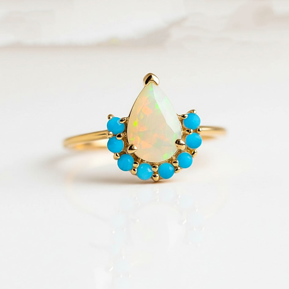 Natural Fire Opal & Turquoise Ring | Handmade Jewelry | October Birthstone | Gift for Her.