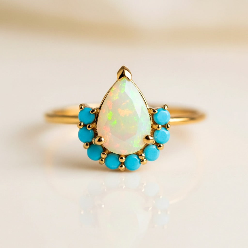 Natural Fire Opal & Turquoise Ring | Handmade Jewelry | October Birthstone | Gift for Her.