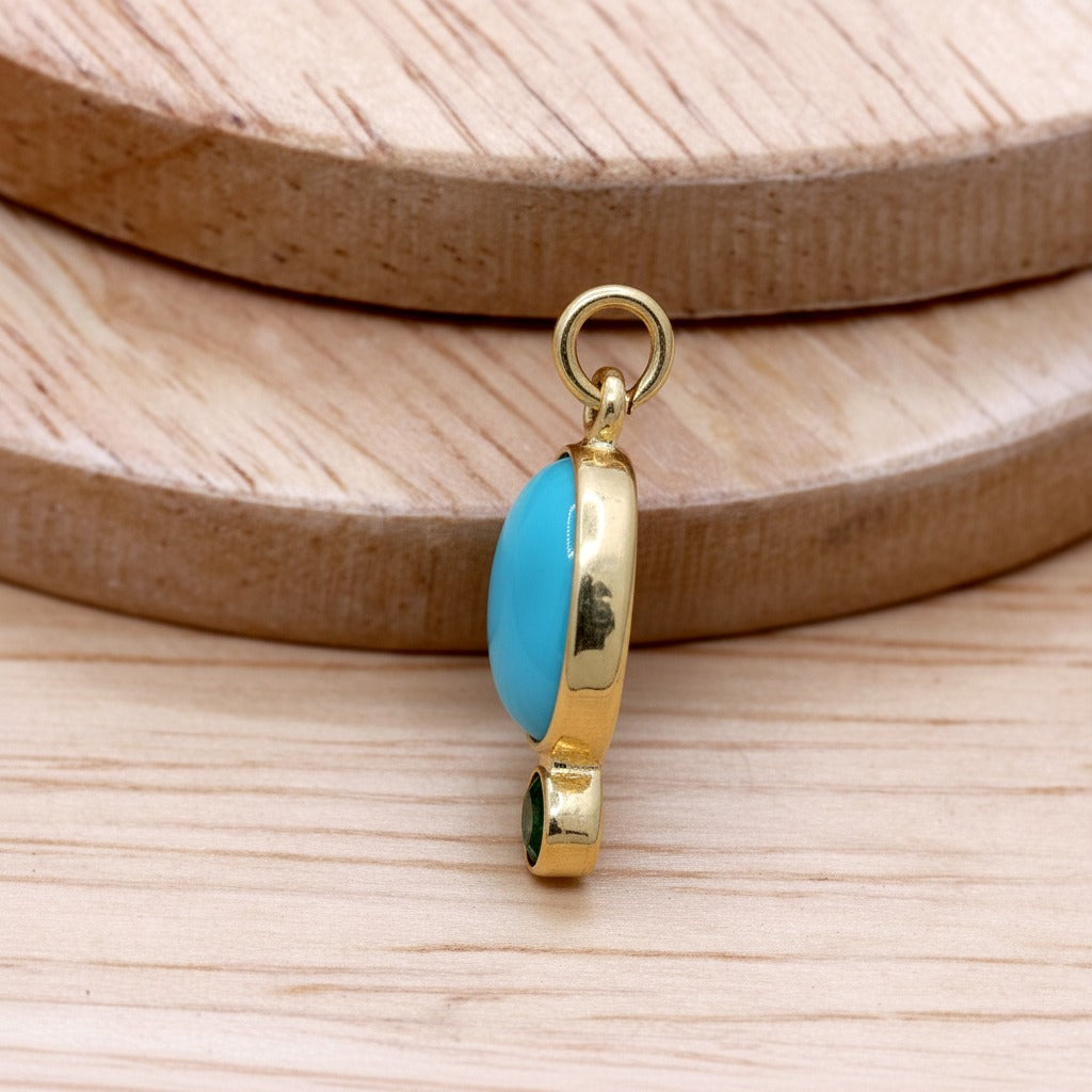 14k Yellow Gold Natural Turquoise & Tsavorite Pendant | Handmade Minimal Solid Pendant.