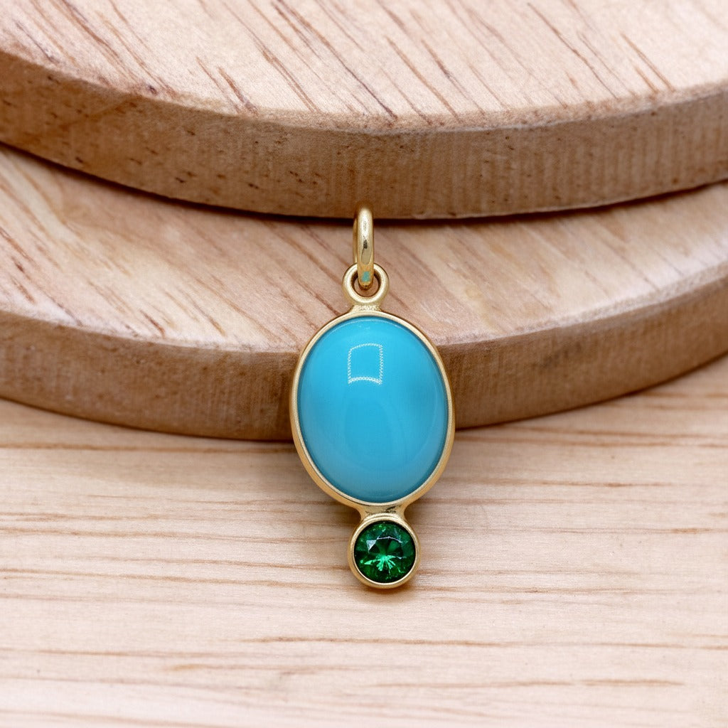 14k Yellow Gold Natural Turquoise & Tsavorite Pendant | Handmade Minimal Solid Pendant.