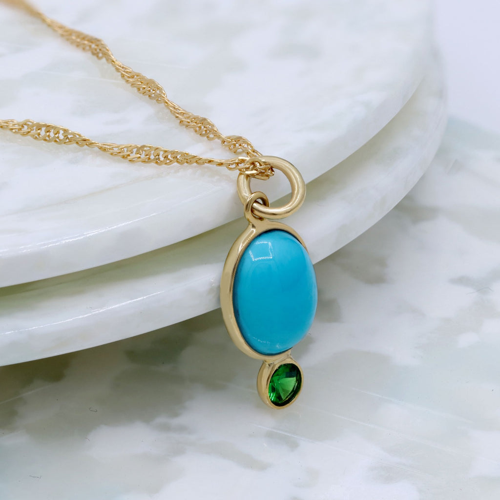 14k Yellow Gold Natural Turquoise & Tsavorite Pendant | Handmade Minimal Solid Pendant.