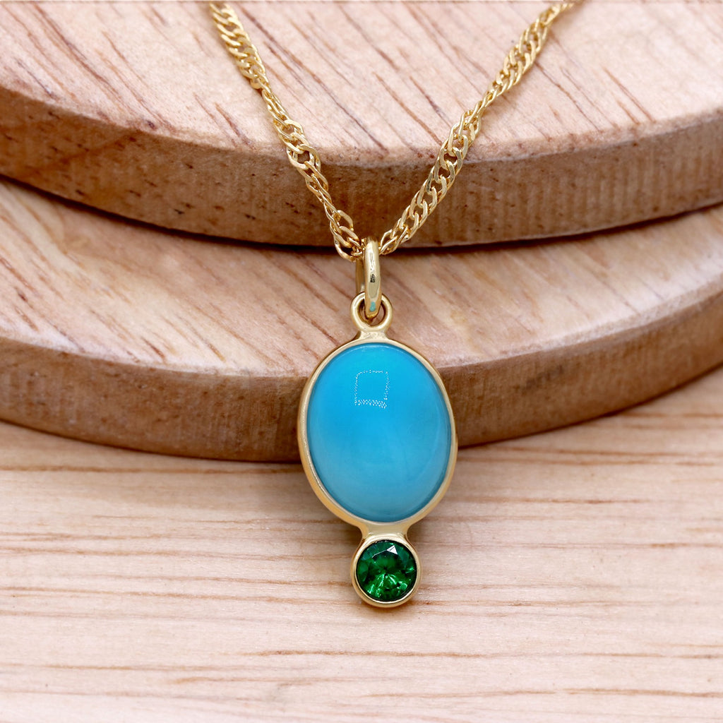 14k Yellow Gold Natural Turquoise & Tsavorite Pendant | Handmade Minimal Solid Pendant.