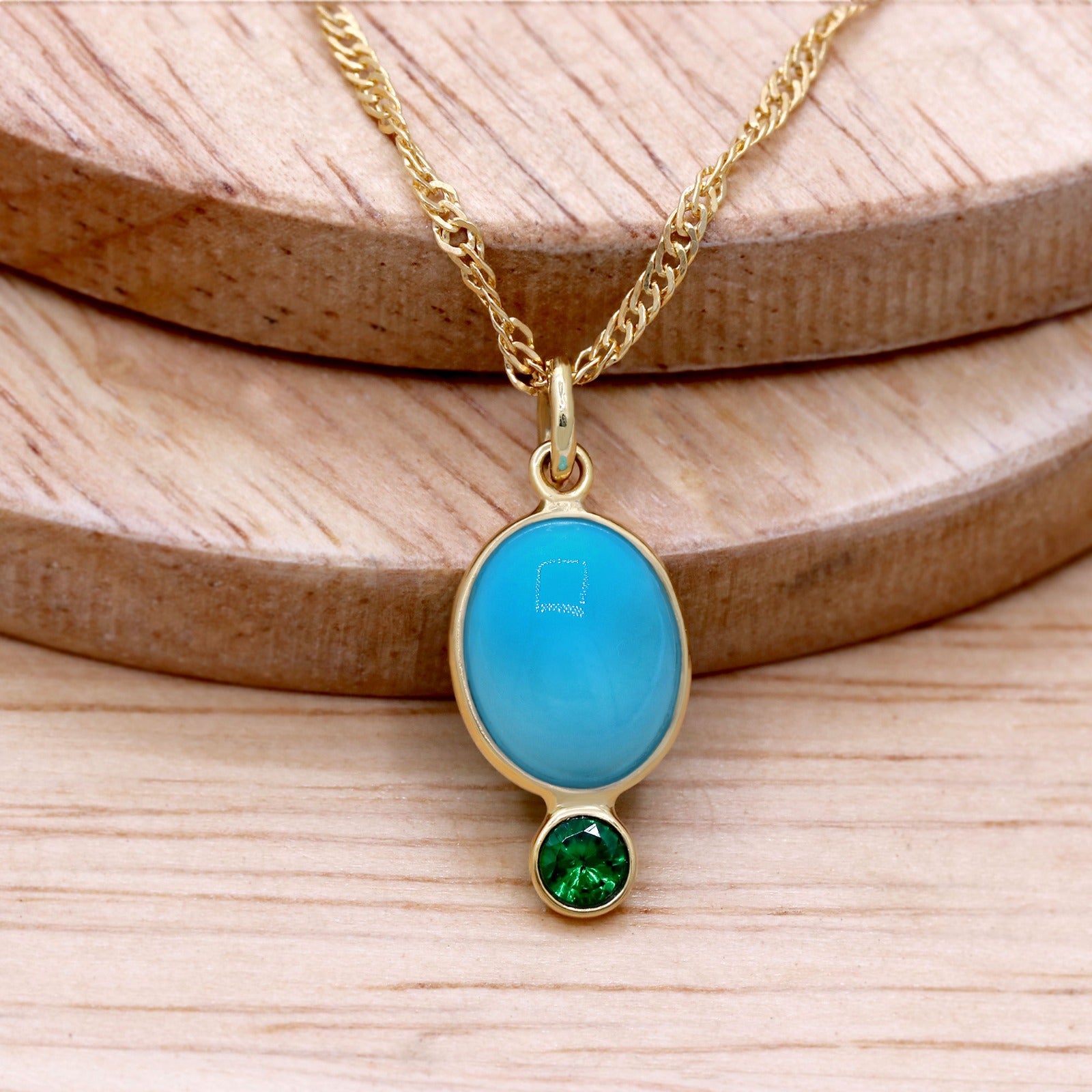 14k Yellow Gold Natural Turquoise & Tsavorite Pendant | Handmade Minimal Solid Pendant.