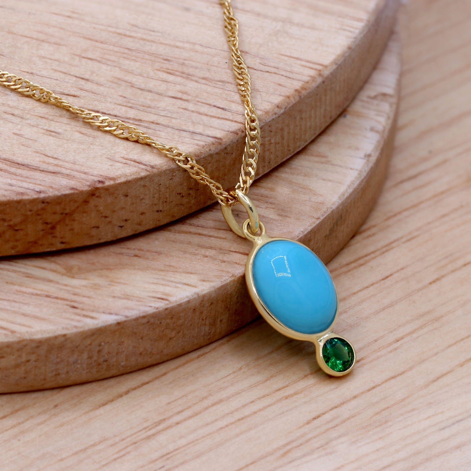 14k Yellow Gold Natural Turquoise & Tsavorite Pendant | Handmade Minimal Solid Pendant.