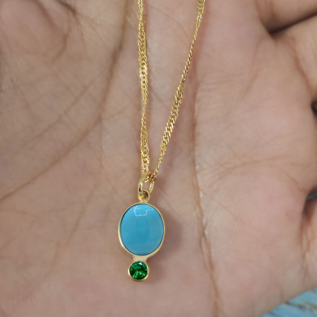 14k Yellow Gold Natural Turquoise & Tsavorite Pendant | Handmade Minimal Solid Pendant.