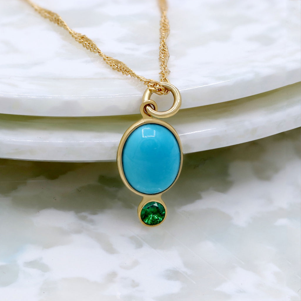 14k Yellow Gold Natural Turquoise & Tsavorite Pendant | Handmade Minimal Solid Pendant.