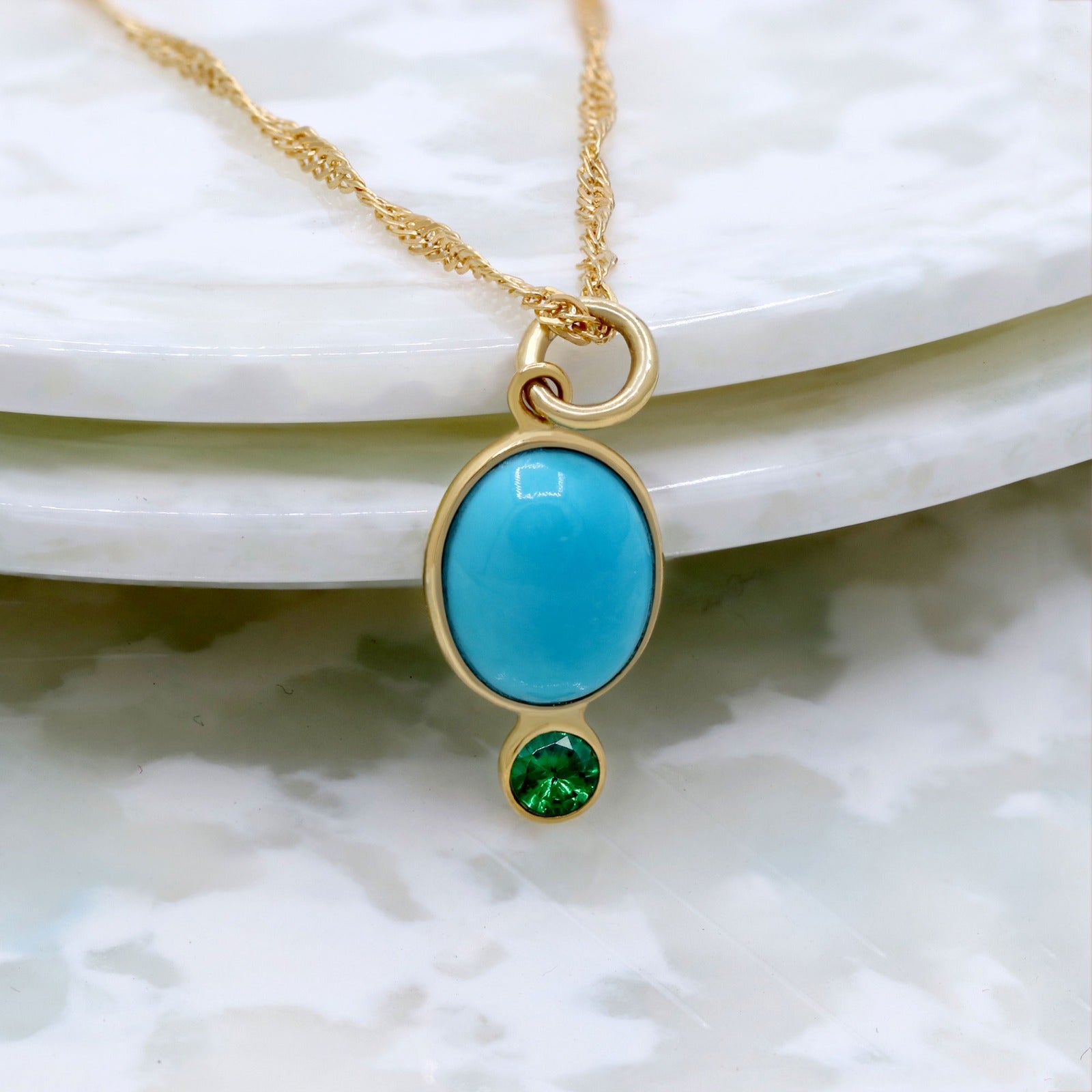 14k Yellow Gold Natural Turquoise & Tsavorite Pendant | Handmade Minimal Solid Pendant.