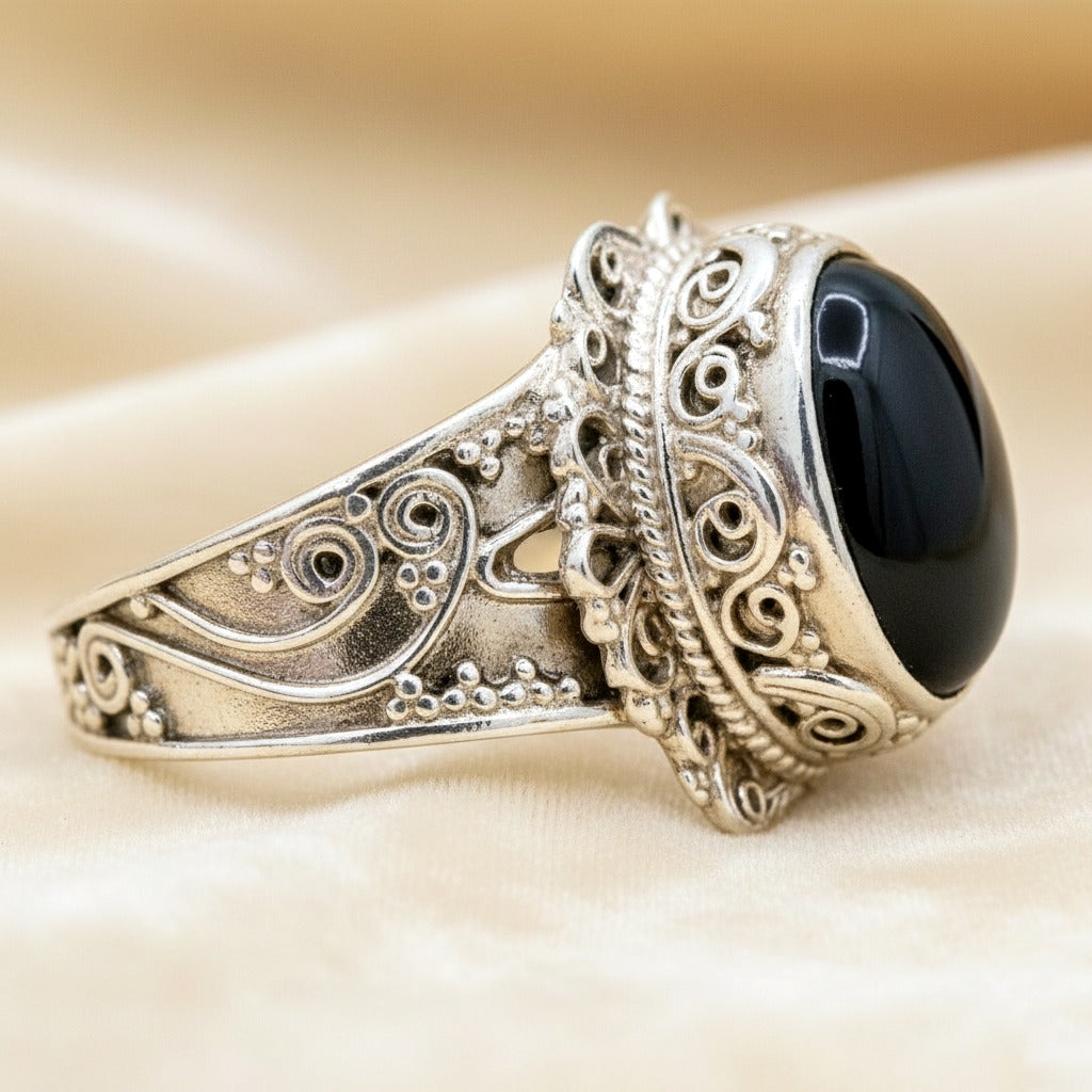 925 Sterling Silver Black Onyx Ring | Vintage Filigree Statement Ring | Handmade Natural Gemstone Ring.