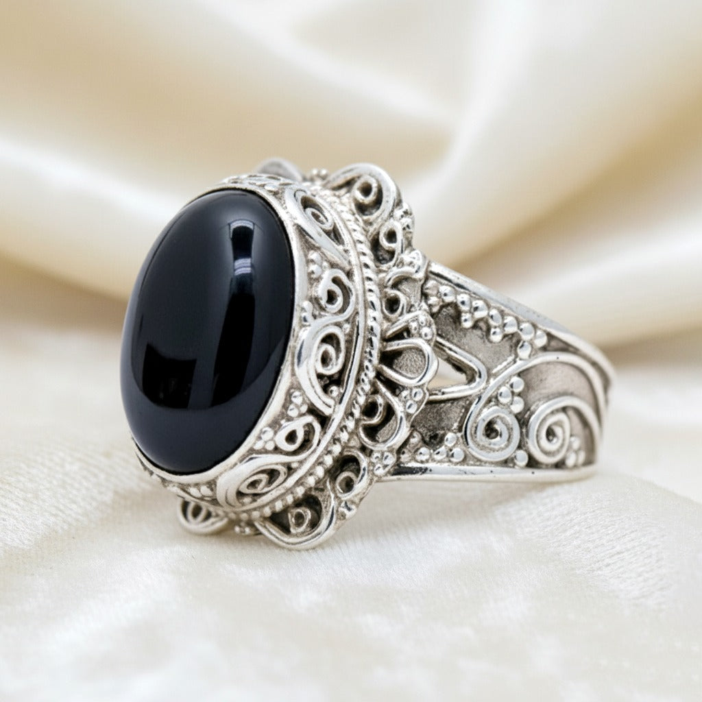 925 Sterling Silver Black Onyx Ring | Vintage Filigree Statement Ring | Handmade Natural Gemstone Ring.