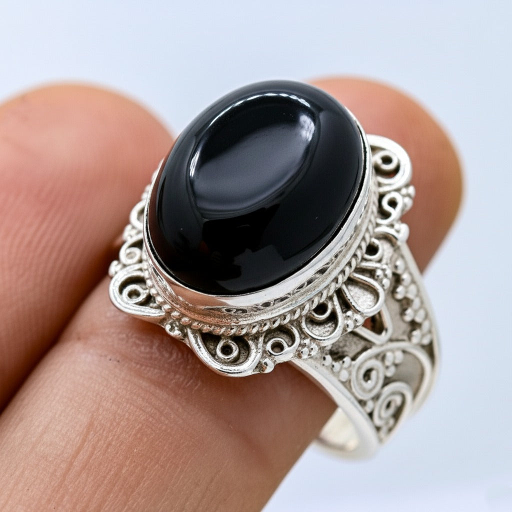 925 Sterling Silver Black Onyx Ring | Vintage Filigree Statement Ring | Handmade Natural Gemstone Ring.