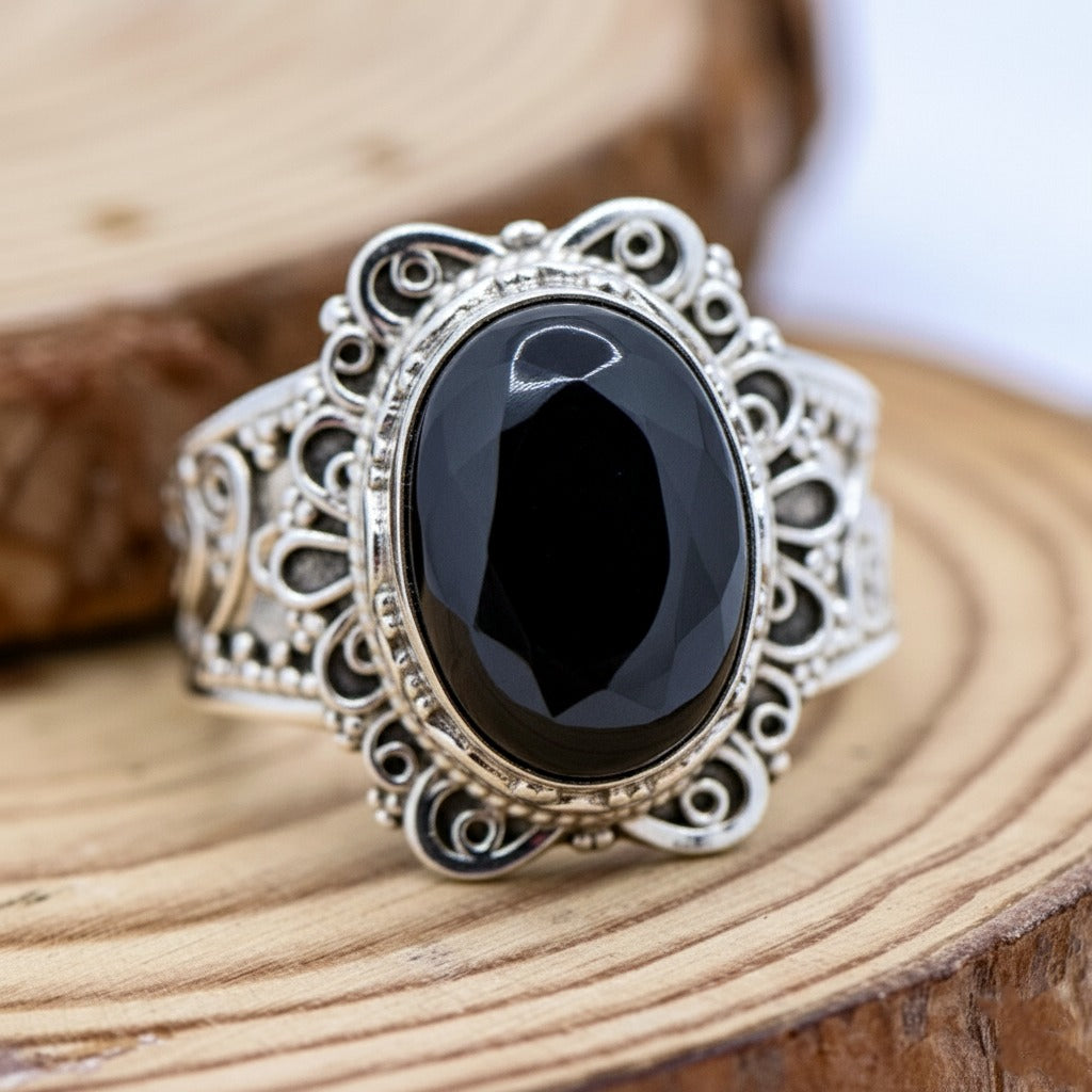 925 Sterling Silver Black Onyx Ring | Vintage Filigree Statement Ring | Handmade Natural Gemstone Ring.