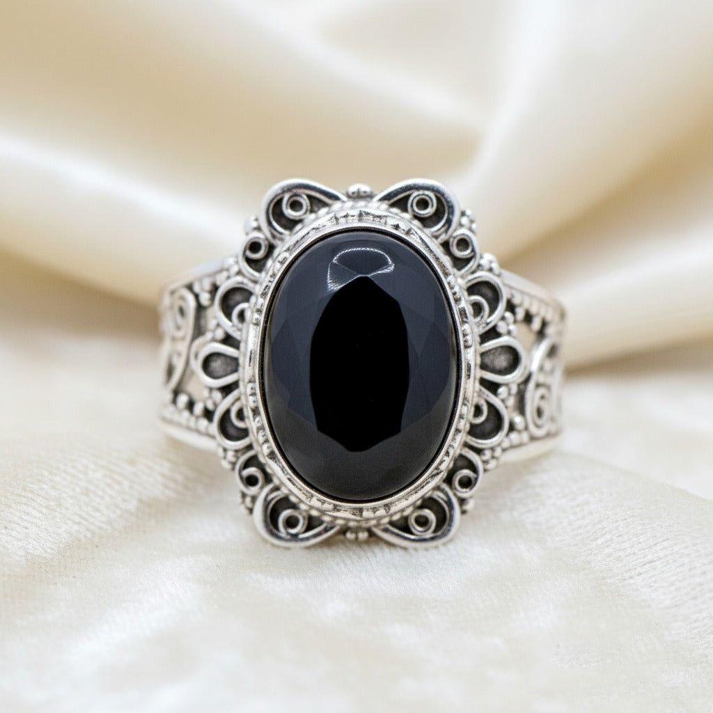 925 Sterling Silver Black Onyx Ring | Vintage Filigree Statement Ring | Handmade Natural Gemstone Ring.