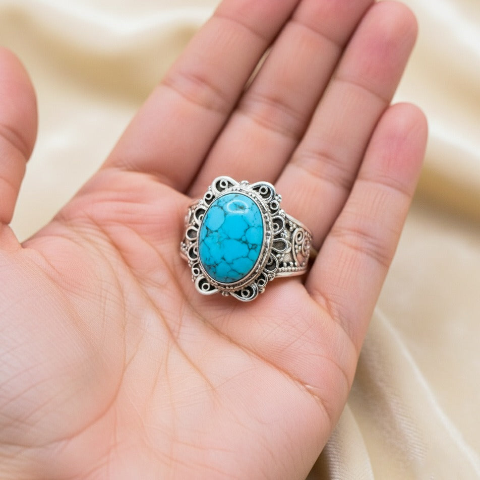 925 Sterling Silver Natural Turquoise Ring | Vintage Filigree Statement Gemstone Ring