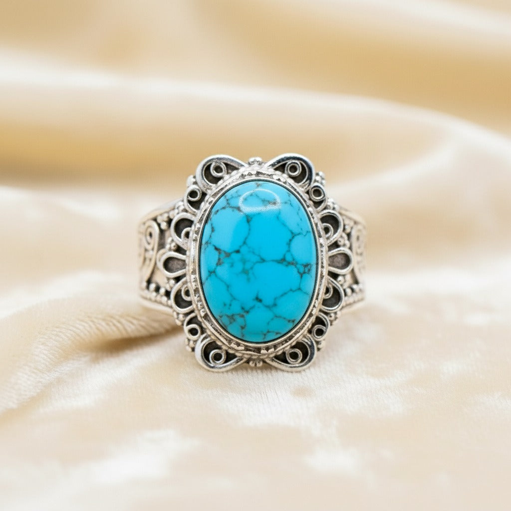 925 Sterling Silver Natural Turquoise Ring | Vintage Filigree Statement Gemstone Ring