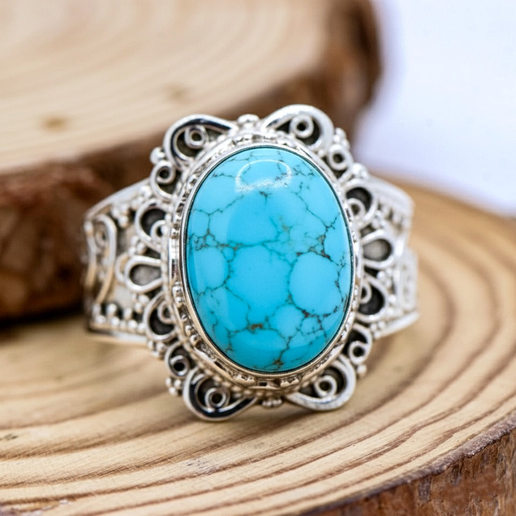 925 Sterling Silver Natural Turquoise Ring | Vintage Filigree Statement Gemstone Ring