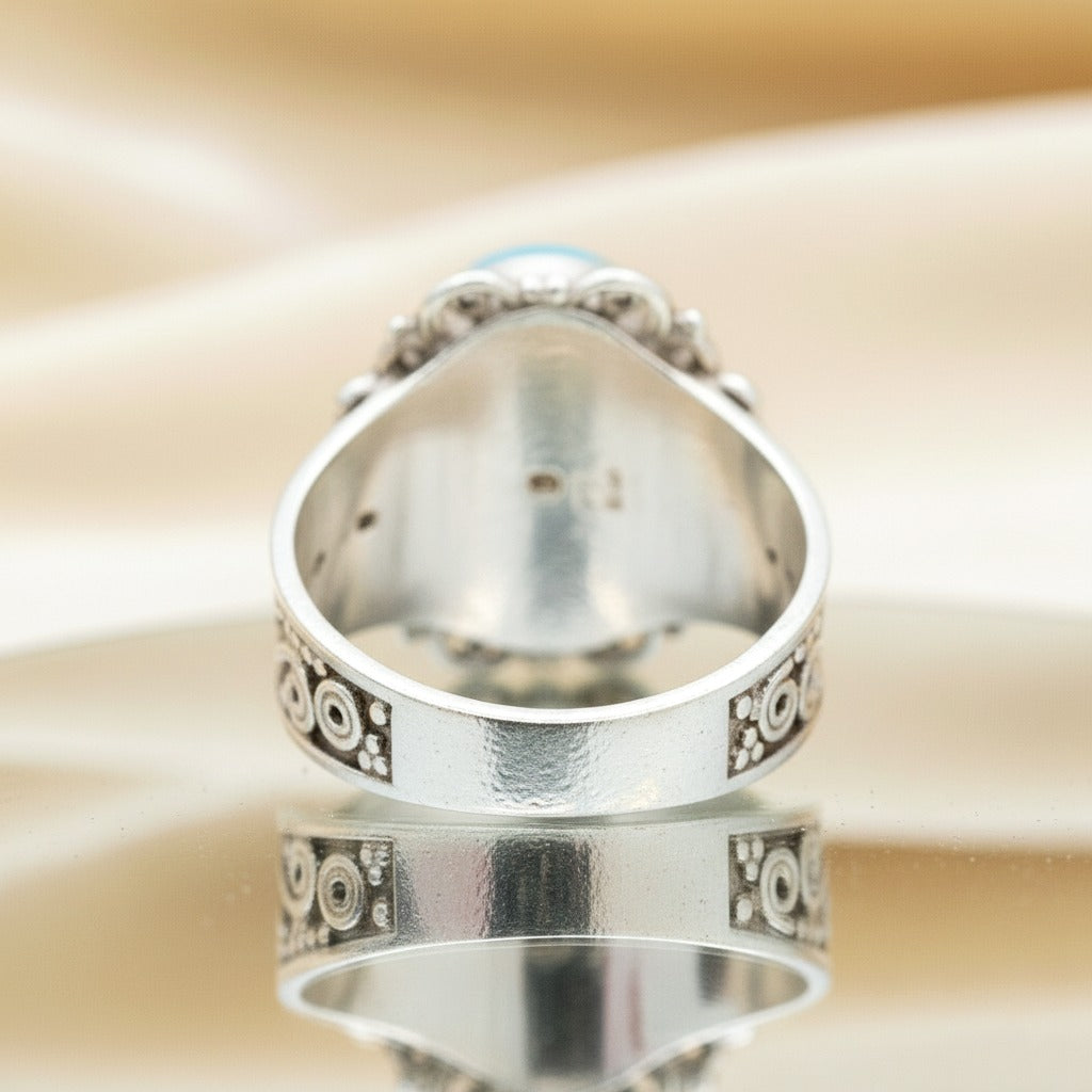 925 Sterling Silver Natural Turquoise Ring | Vintage Filigree Statement Gemstone Ring