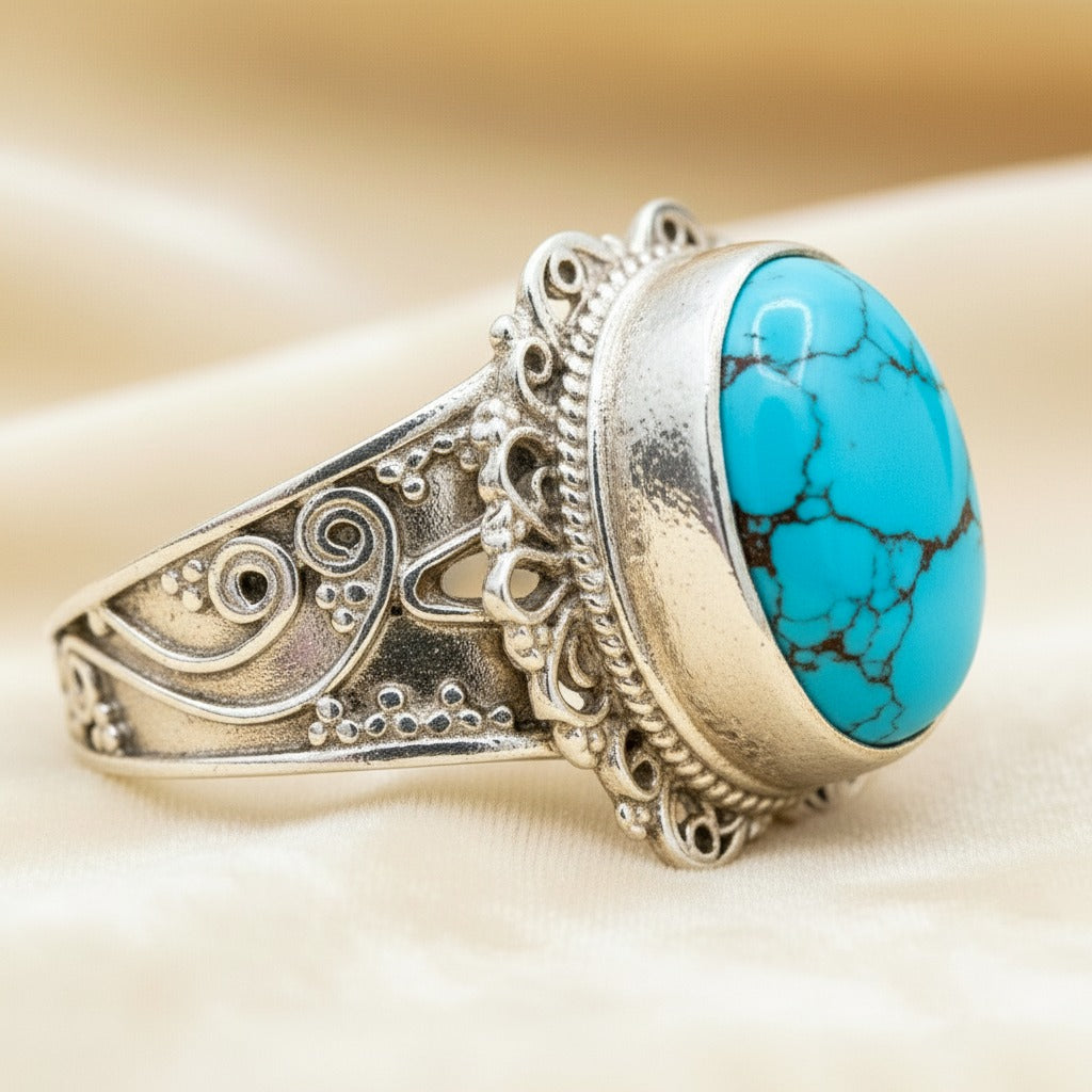 925 Sterling Silver Natural Turquoise Ring | Vintage Filigree Statement Gemstone Ring