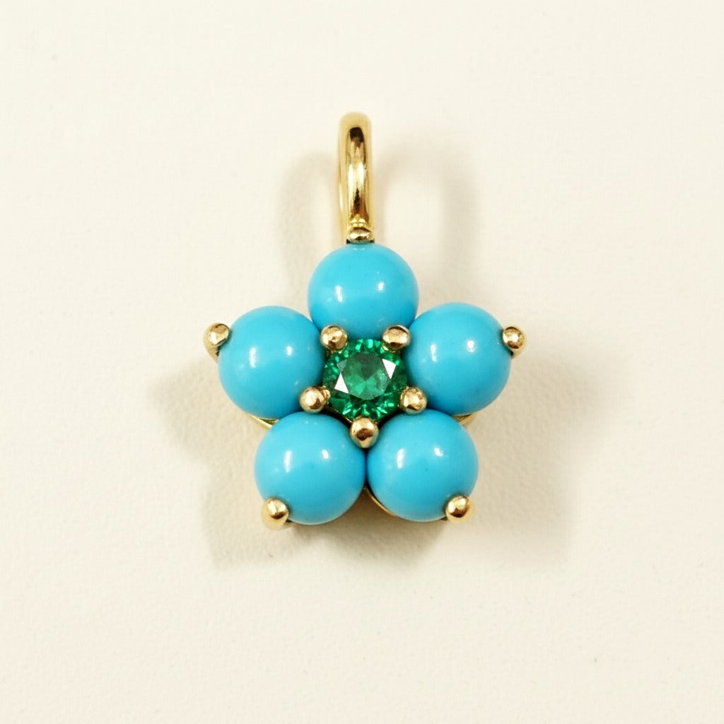 14k Yellow Gold Turquoise Flower Pendant | Tiny Gold Charm | Customize Center Stone Pendant | Handmade Jewelry.