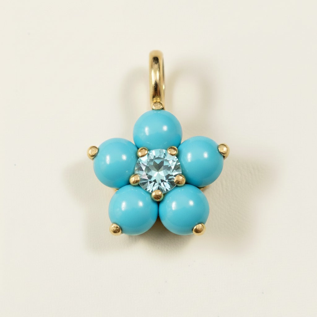 14k Yellow Gold Turquoise Flower Pendant | Tiny Gold Charm | Customize Center Stone Pendant | Handmade Jewelry.