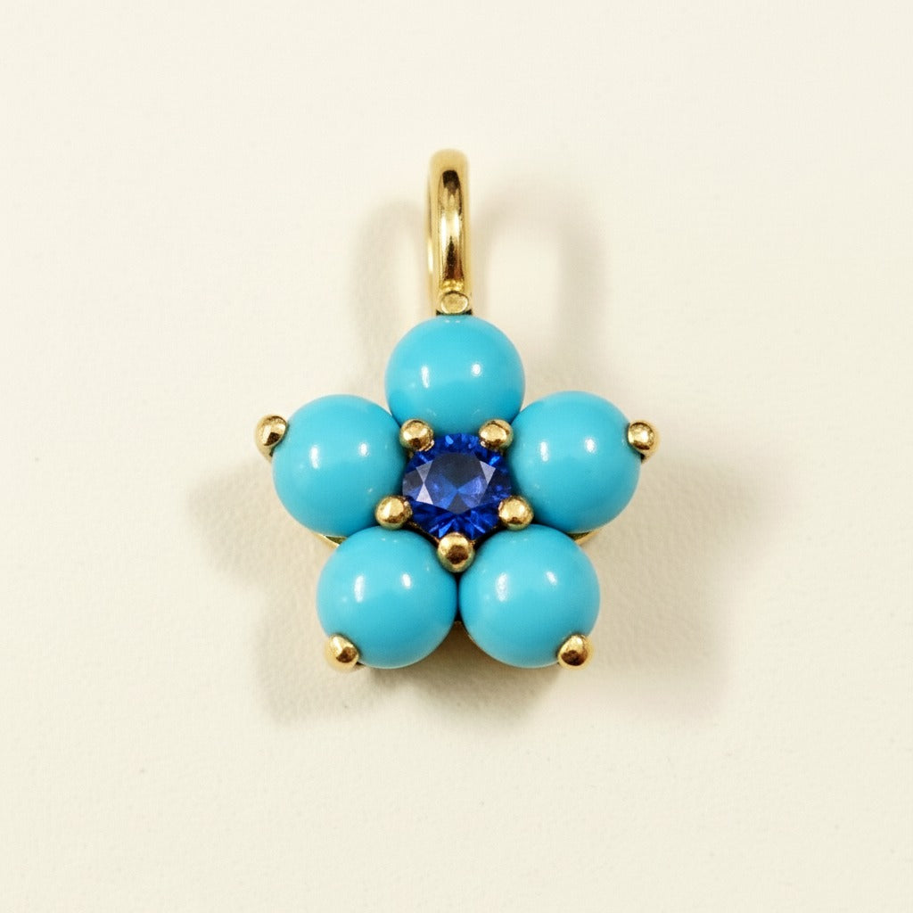 14k Yellow Gold Turquoise Flower Pendant | Tiny Gold Charm | Customize Center Stone Pendant | Handmade Jewelry.